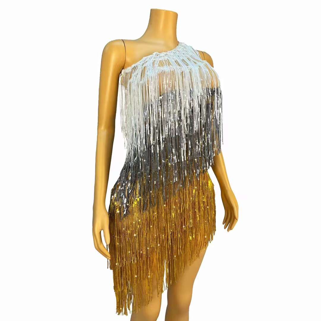 CELESINYI Sanseliusu Crystal Tri Color Fringe Mini Dress
