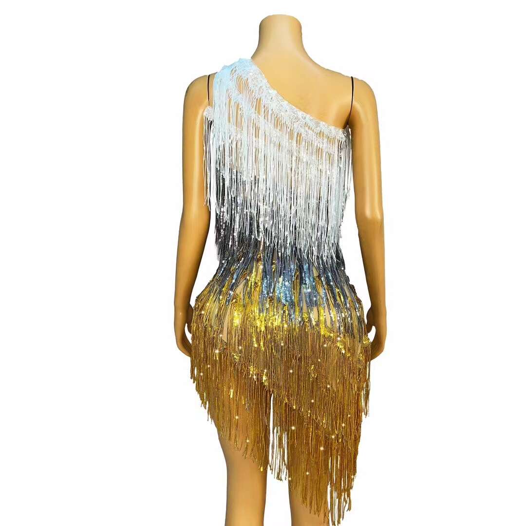 CELESINYI Sanseliusu Crystal Tri Color Fringe Mini Dress