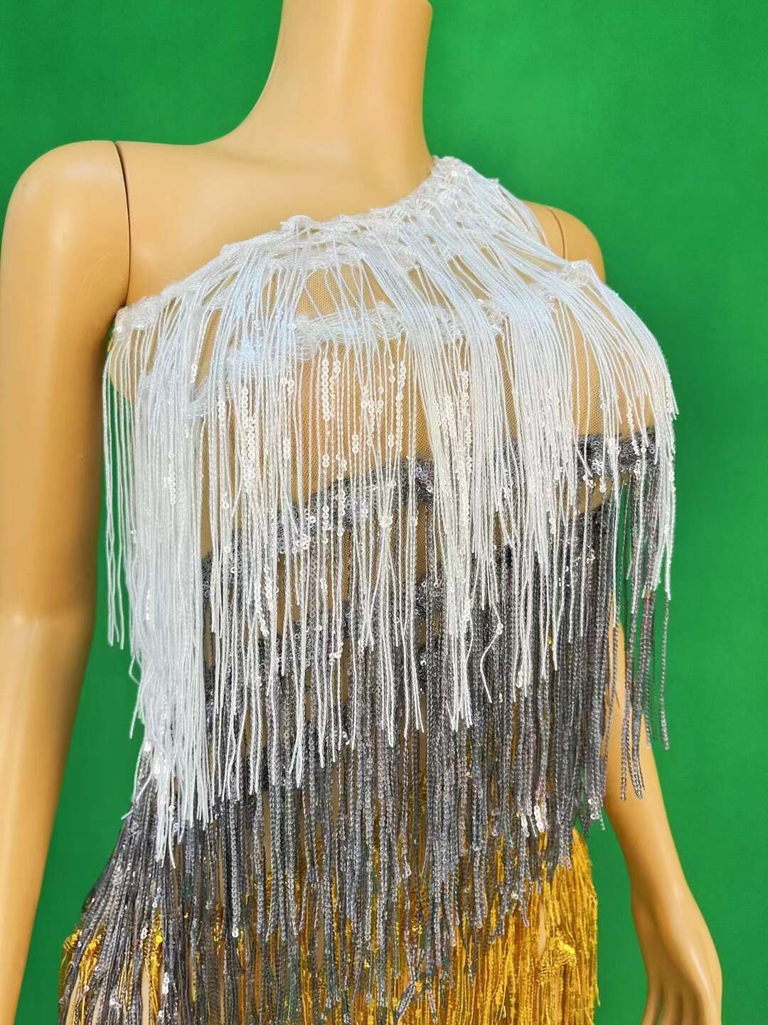 CELESINYI Sanseliusu Crystal Tri Color Fringe Mini Dress