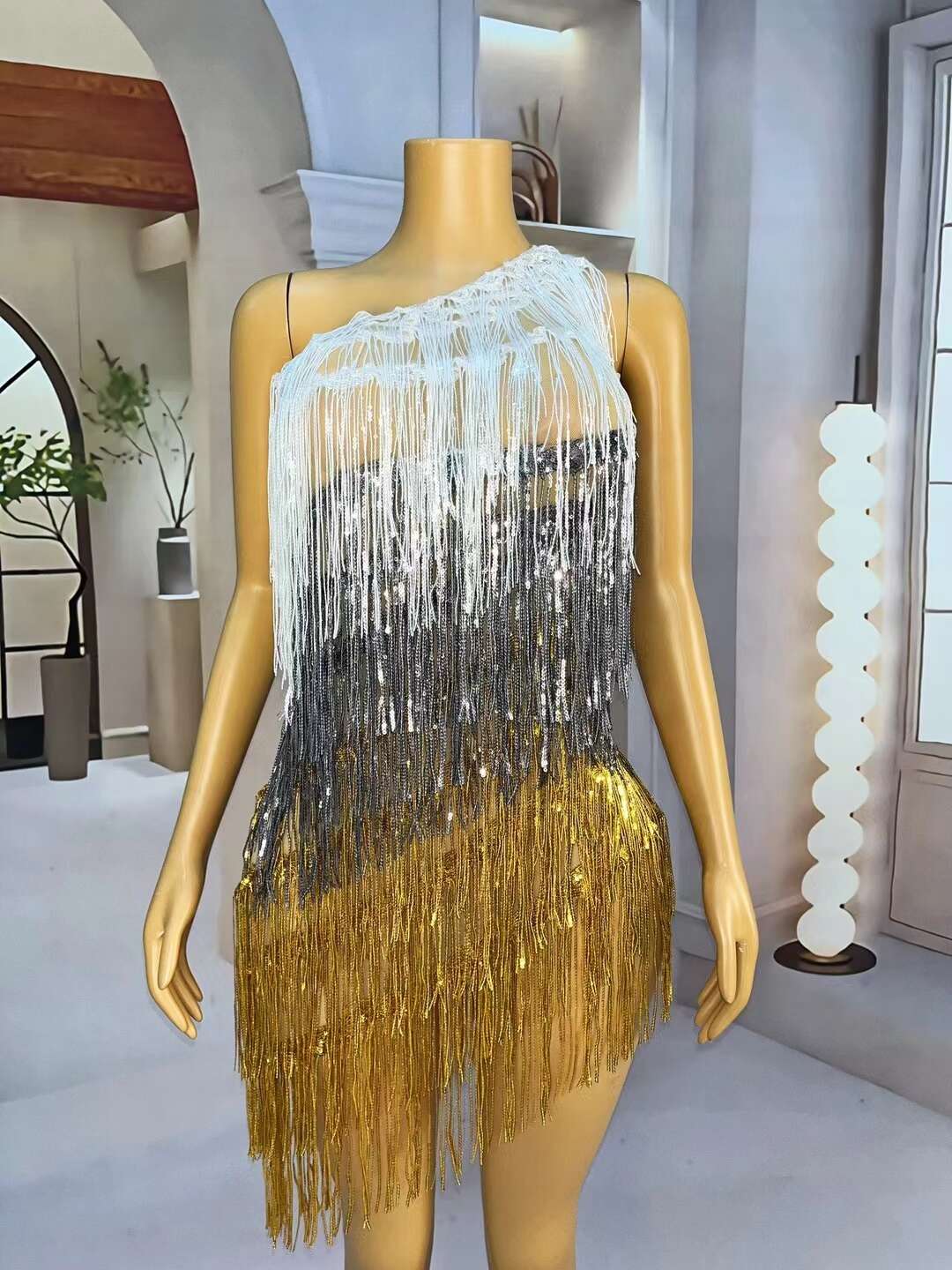 CELESINYI Sanseliusu Crystal Tri Color Fringe Mini Dress