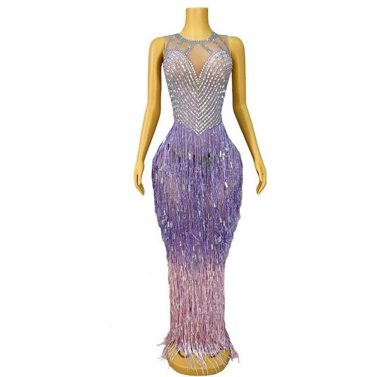 Piaoliu Long Purple Sequin Tassel Rhinestone Dress