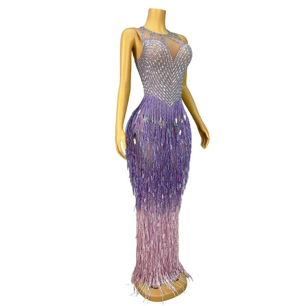 Piaoliu Long Purple Sequin Tassel Rhinestone Dress