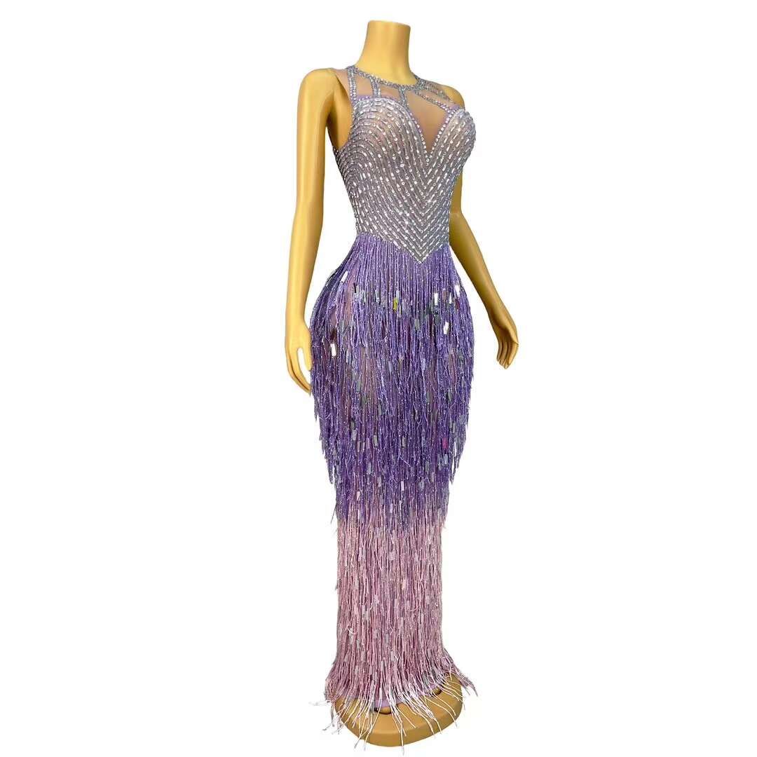 Piaoliu Long Purple Sequin Tassel Rhinestone Dress