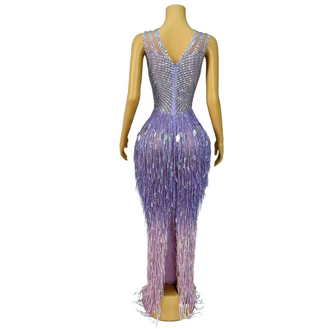 Piaoliu Long Purple Sequin Tassel Rhinestone Dress