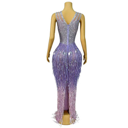 Piaoliu Long Purple Sequin Tassel Rhinestone Dress
