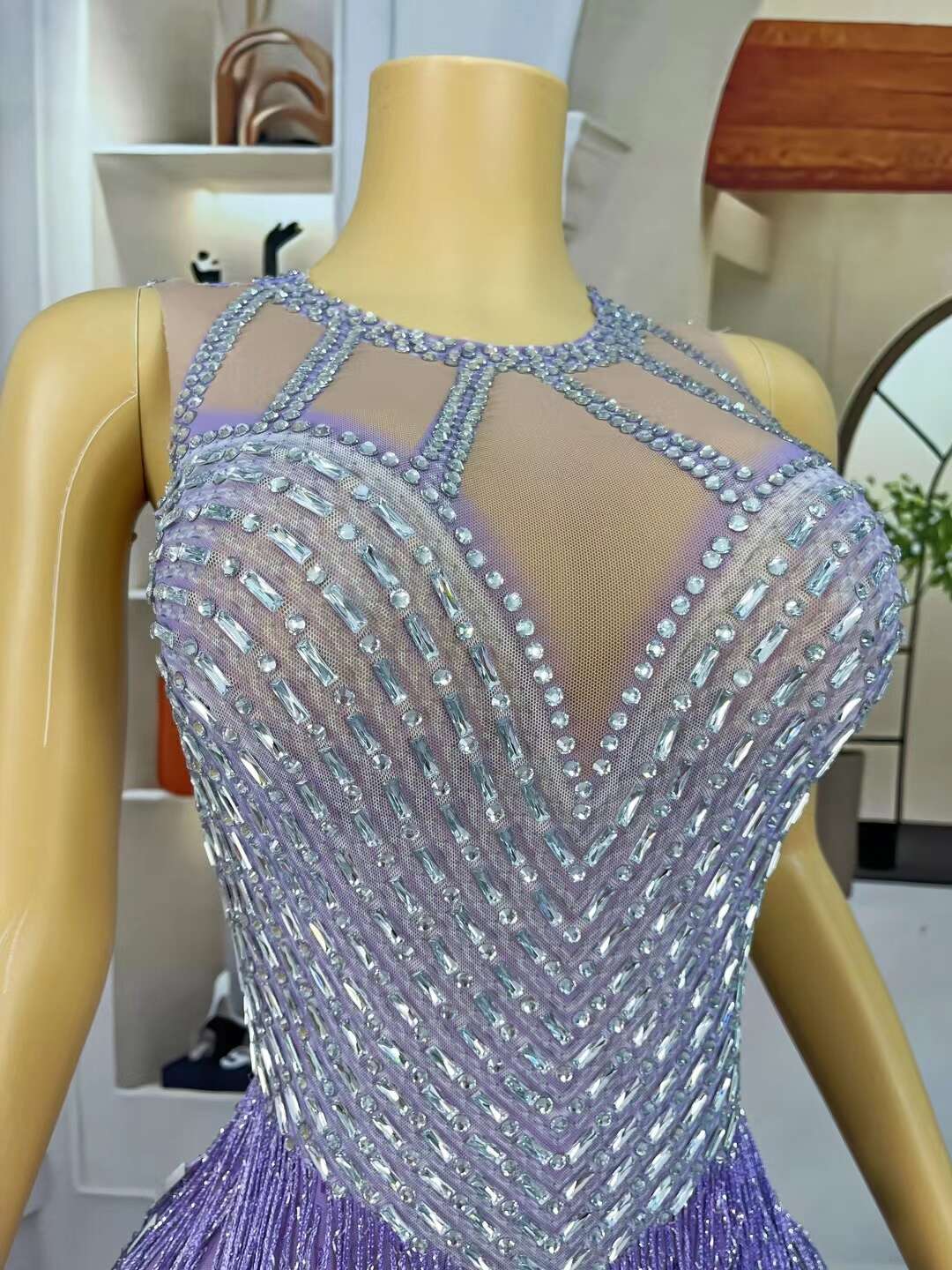 Piaoliu Long Purple Sequin Tassel Rhinestone Dress