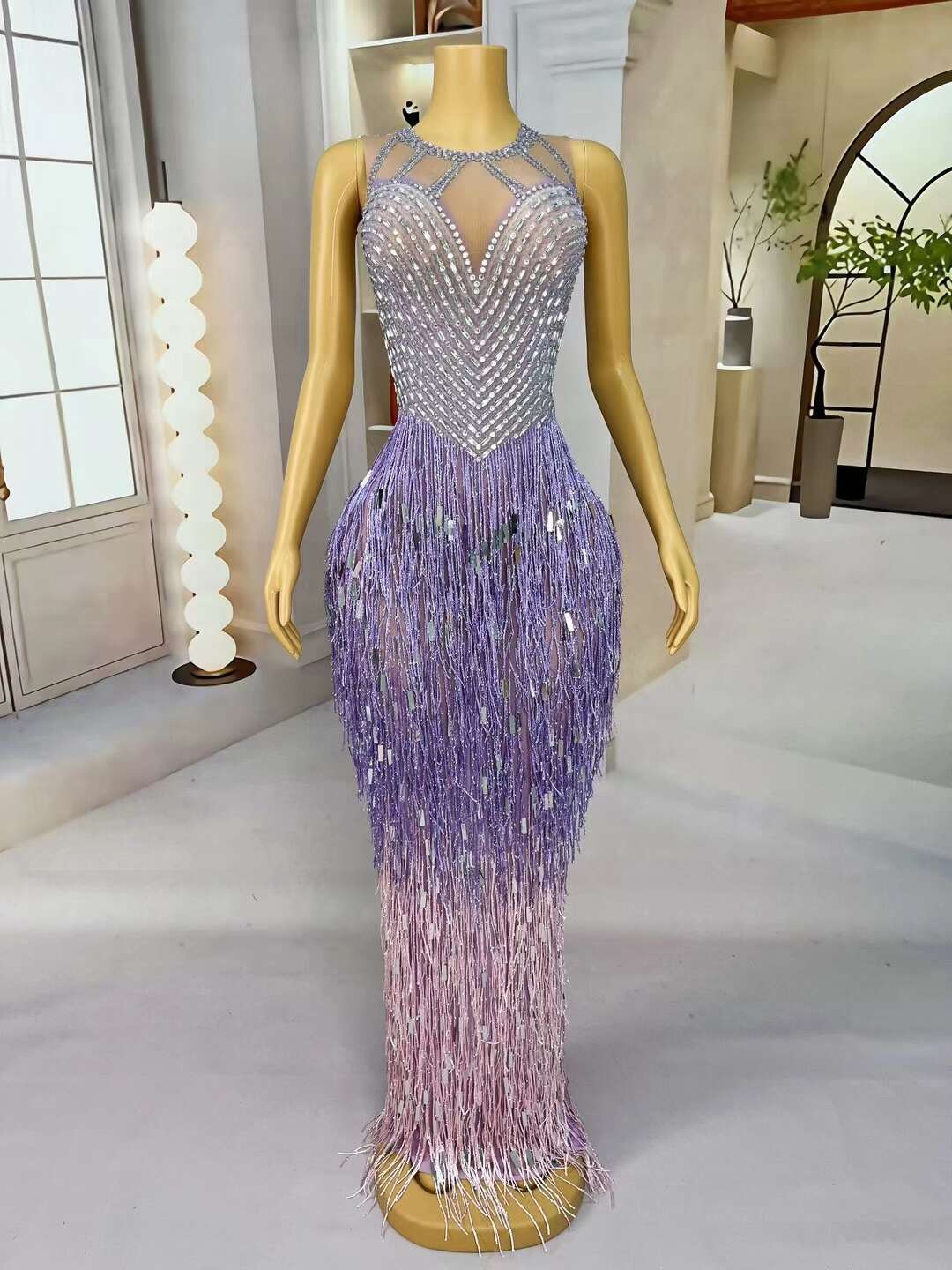 Piaoliu Long Purple Sequin Tassel Rhinestone Dress