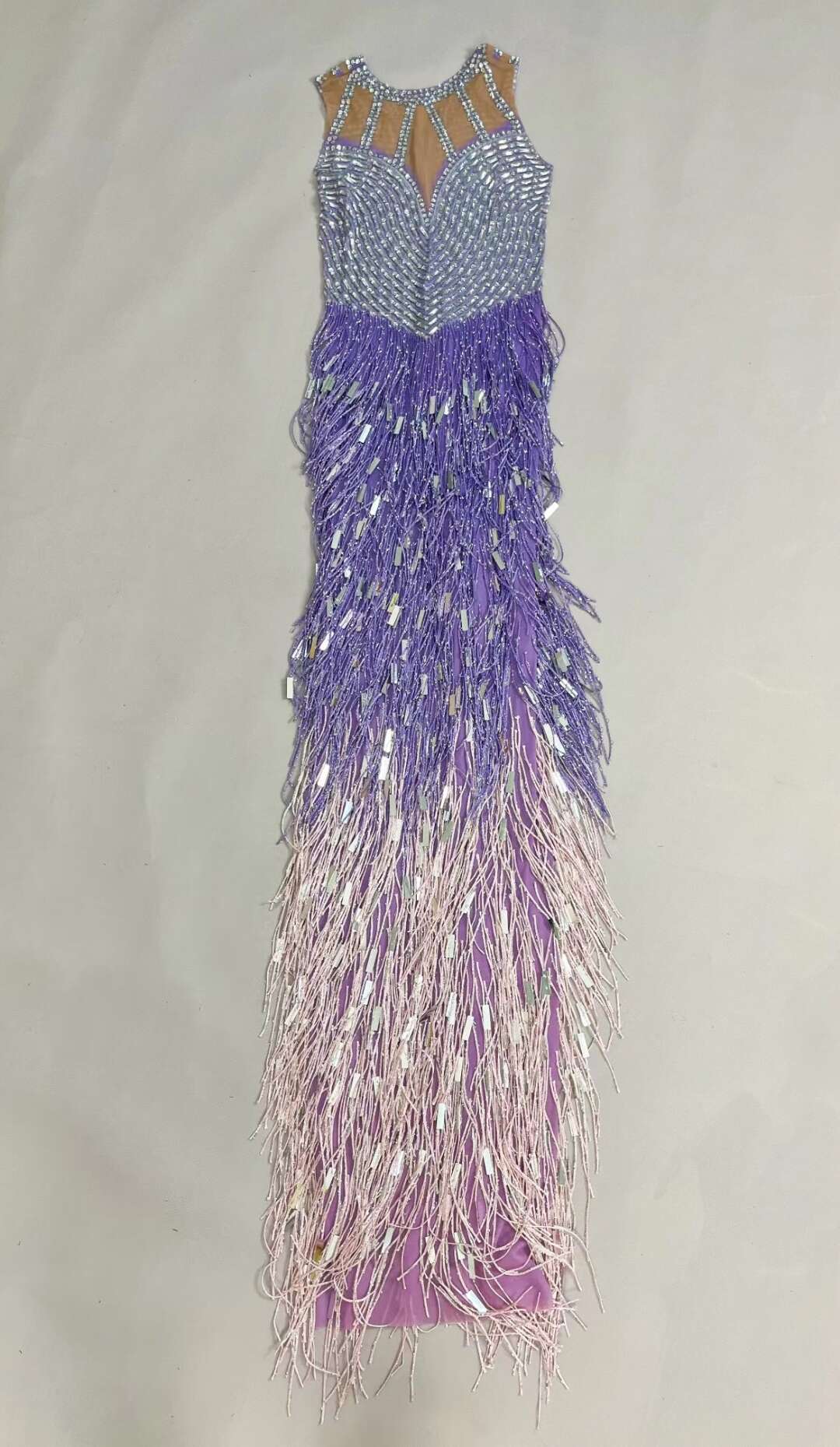 Piaoliu Long Purple Sequin Tassel Rhinestone Dress