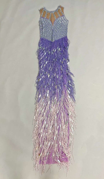 Piaoliu Long Purple Sequin Tassel Rhinestone Dress