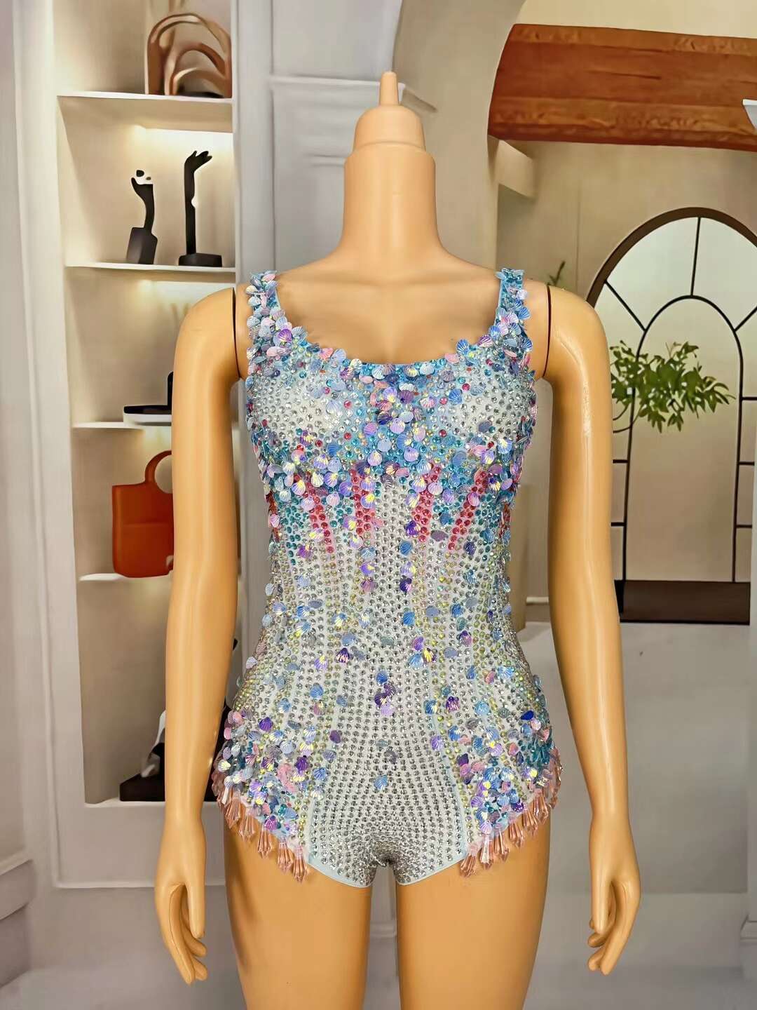CELESINYI Lanmeimei Crystal Blue Scallop Bodysuit