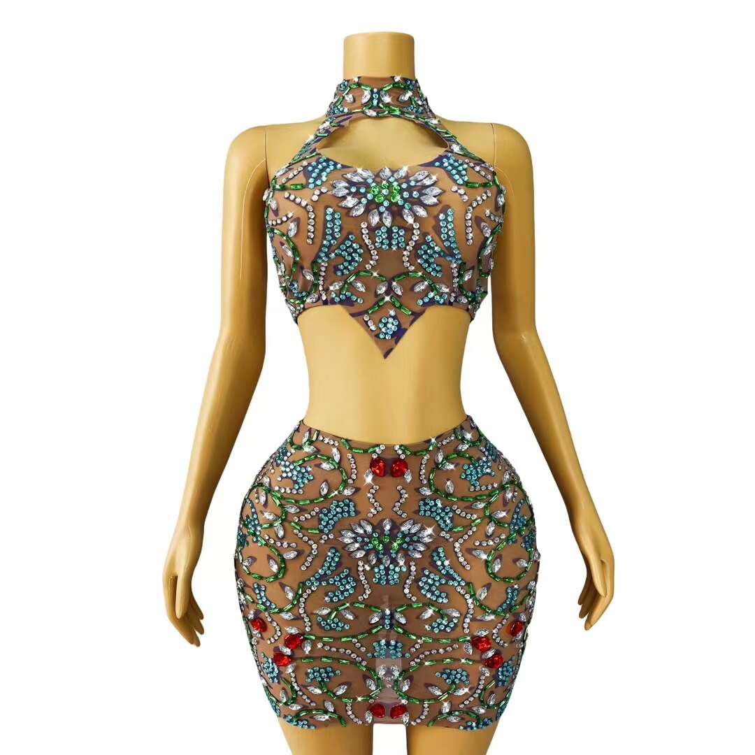 CELESINYI Huacong Crystal Gem Crop Top Skirt Set