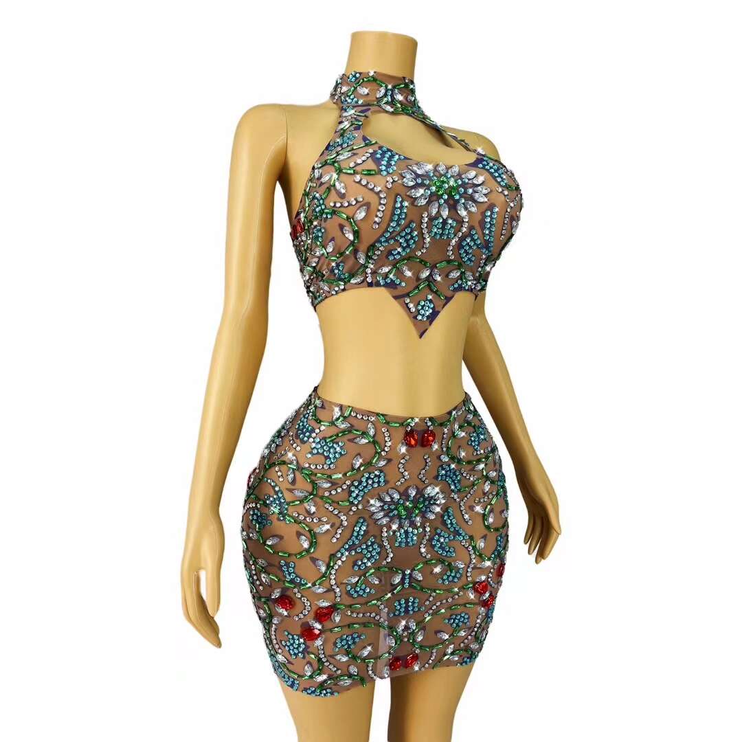 CELESINYI Huacong Crystal Gem Crop Top Skirt Set