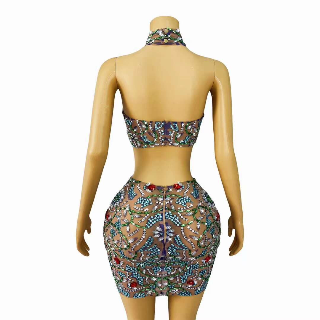 CELESINYI Huacong Crystal Gem Crop Top Skirt Set