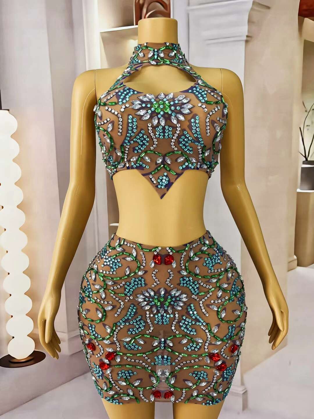 CELESINYI Huacong Crystal Gem Crop Top Skirt Set