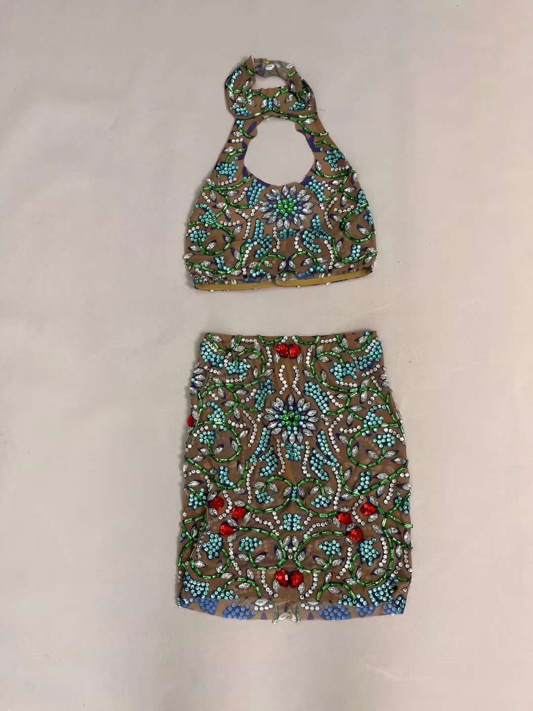 CELESINYI Huacong Crystal Gem Crop Top Skirt Set