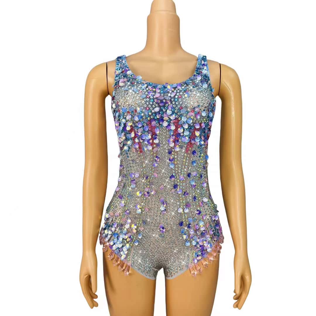 CELESINYI Lanmeimei Crystal Mesh Scallop Bodysuit