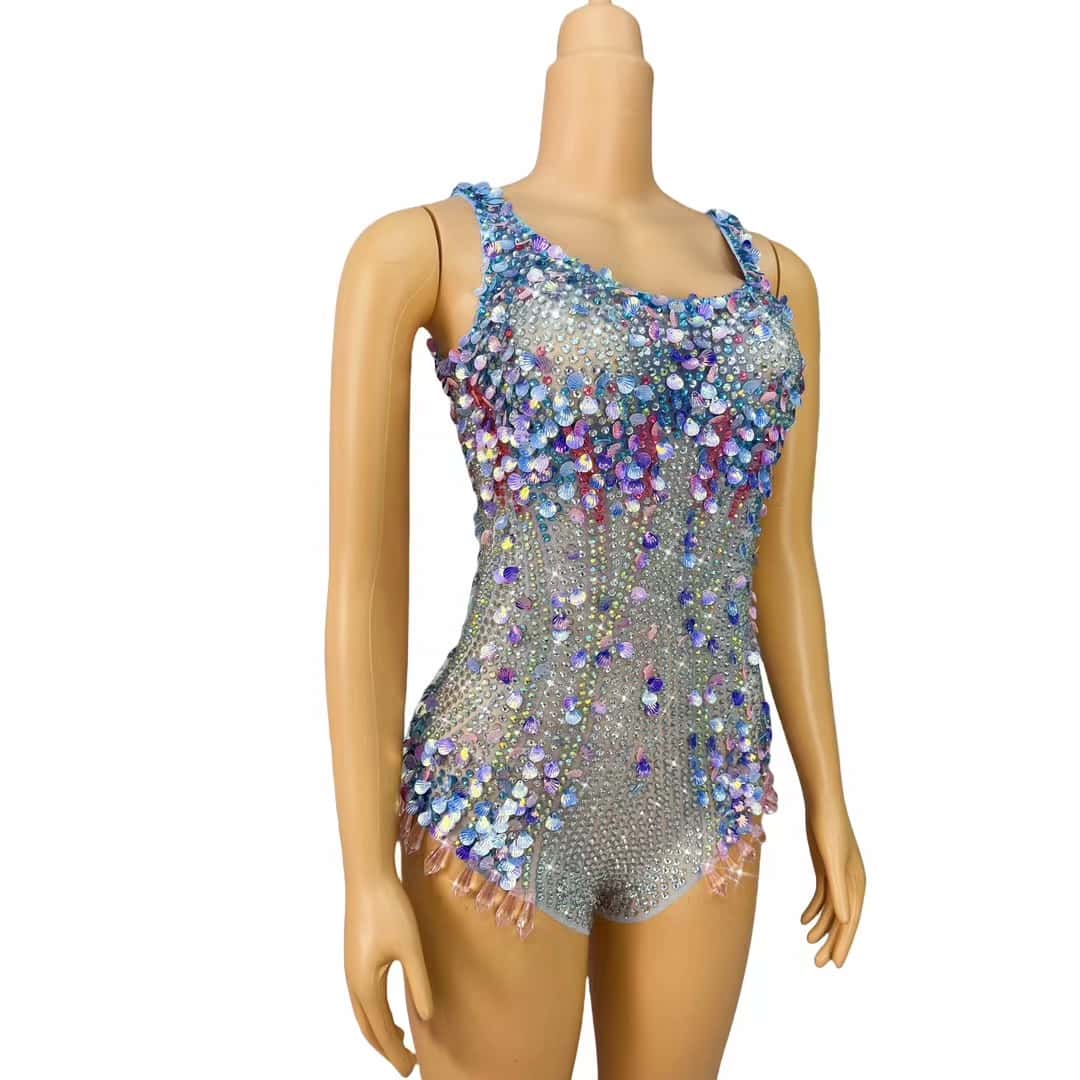 CELESINYI Lanmeimei Crystal Mesh Scallop Bodysuit