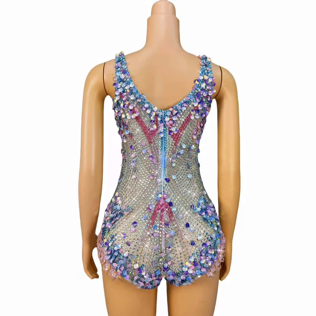 CELESINYI Lanmeimei Crystal Mesh Scallop Bodysuit