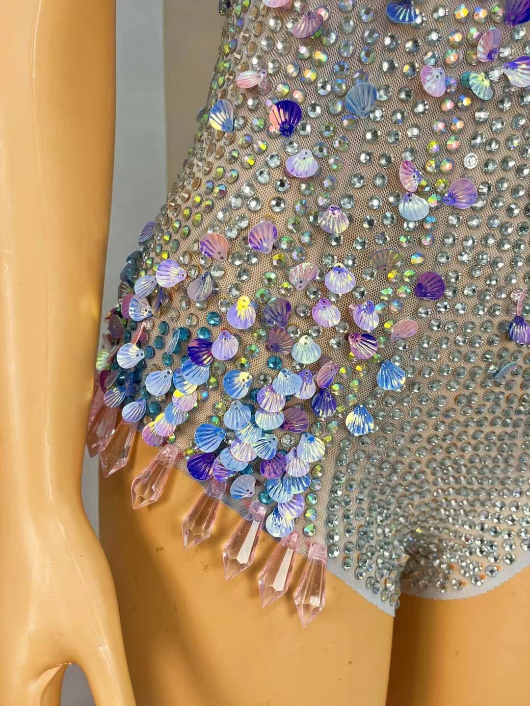CELESINYI Lanmeimei Crystal Mesh Scallop Bodysuit