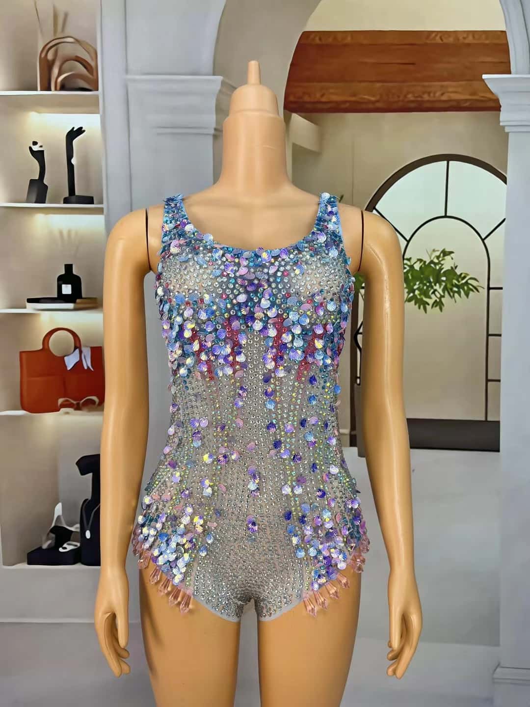 CELESINYI Lanmeimei Crystal Mesh Scallop Bodysuit