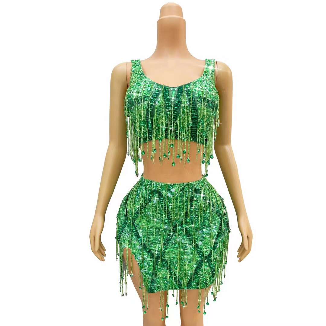 CELESINYI Caodi Crystal Teal Fringe Set