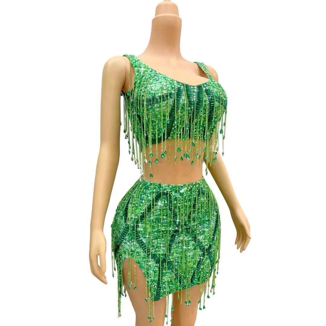 CELESINYI Caodi Crystal Teal Fringe Set