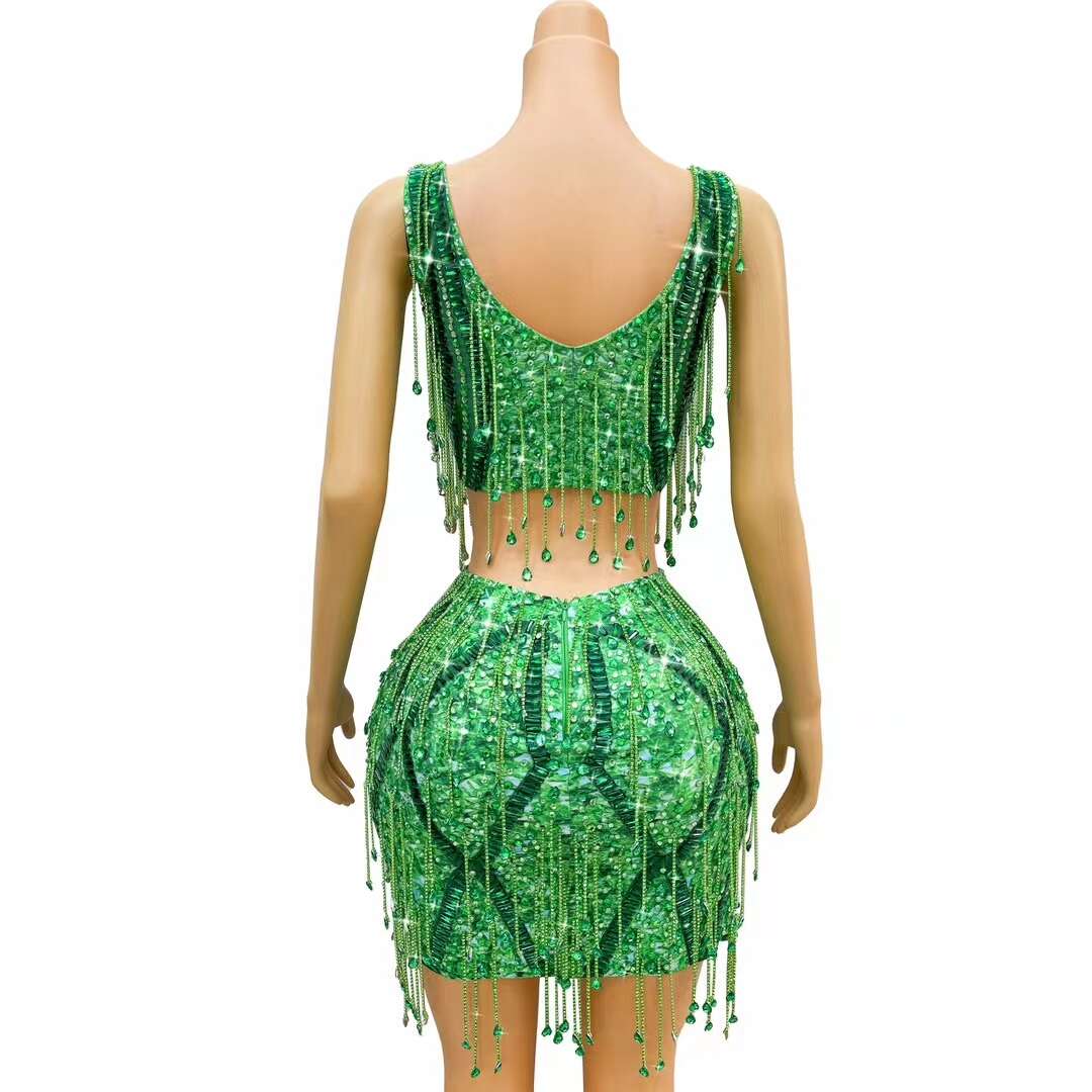 CELESINYI Caodi Crystal Teal Fringe Set