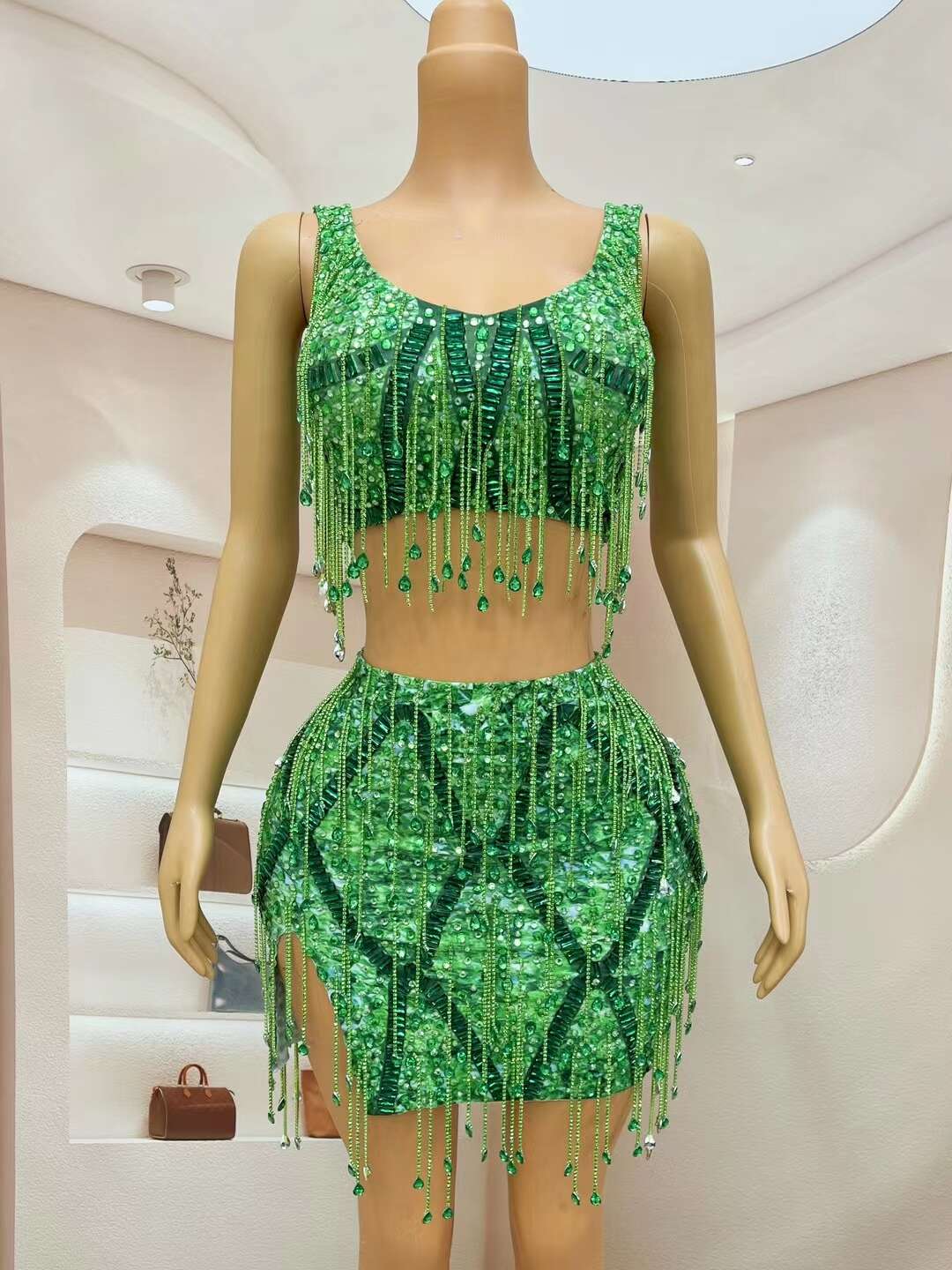CELESINYI Caodi Crystal Teal Fringe Set