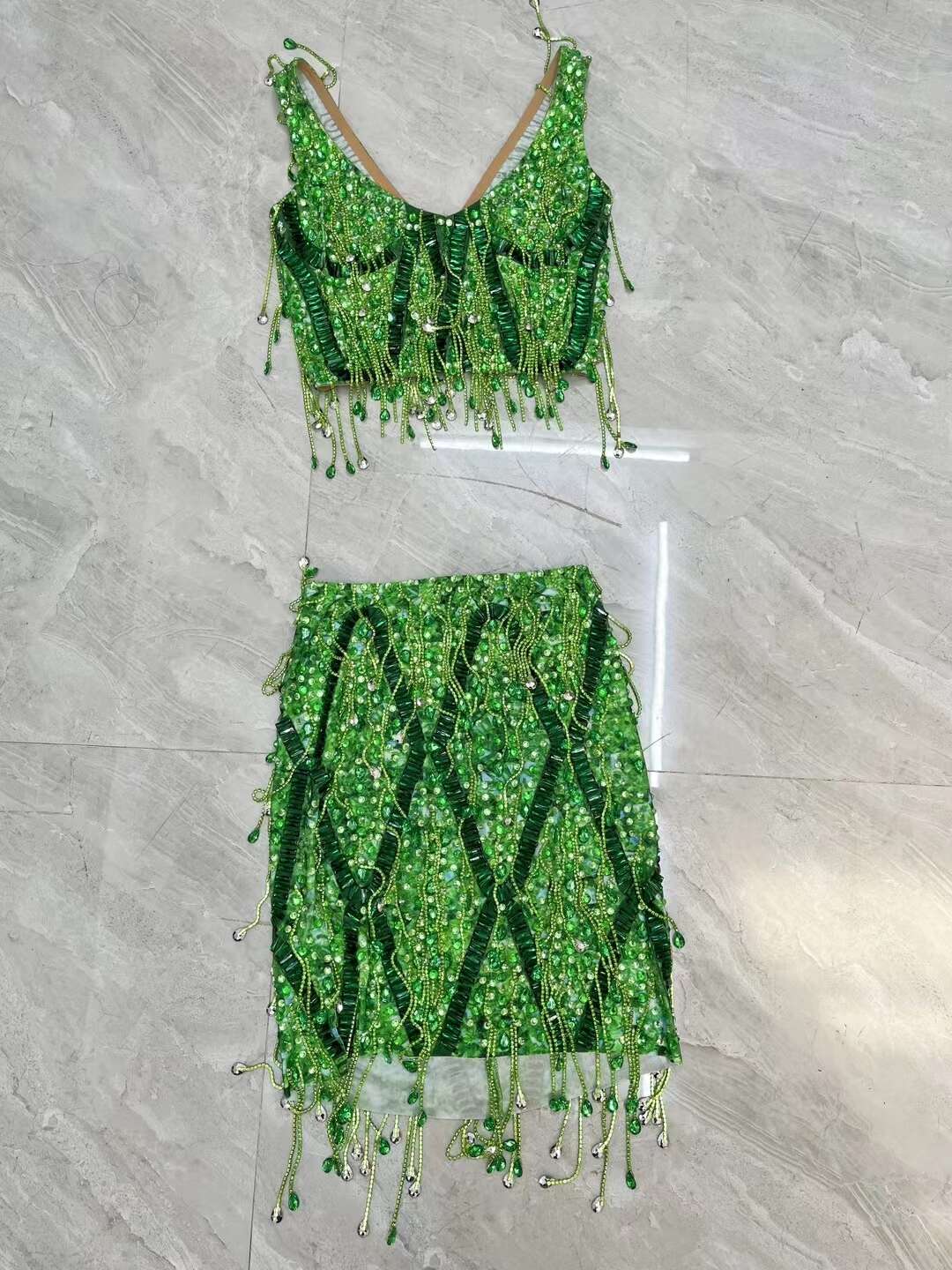 CELESINYI Caodi Crystal Teal Fringe Set