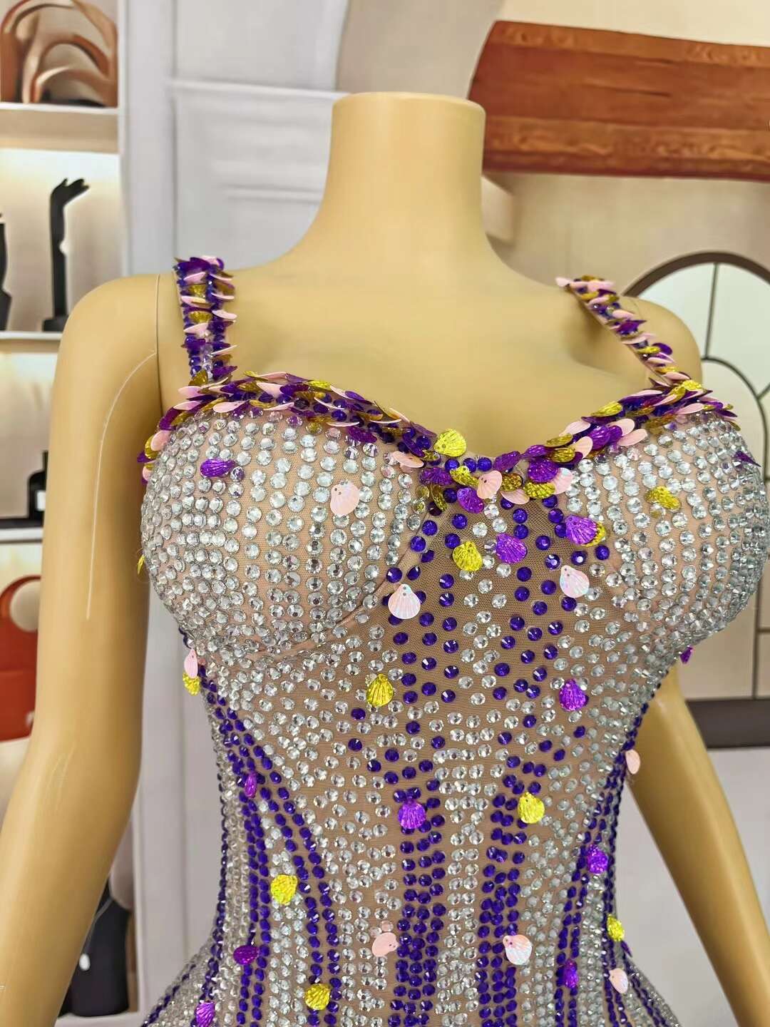 CELESINYI Beikequn Crystal Purple Shell Mini Dress