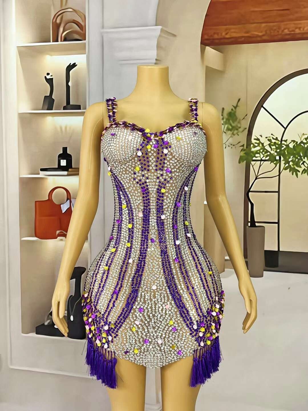 CELESINYI Beikequn Crystal Purple Shell Mini Dress