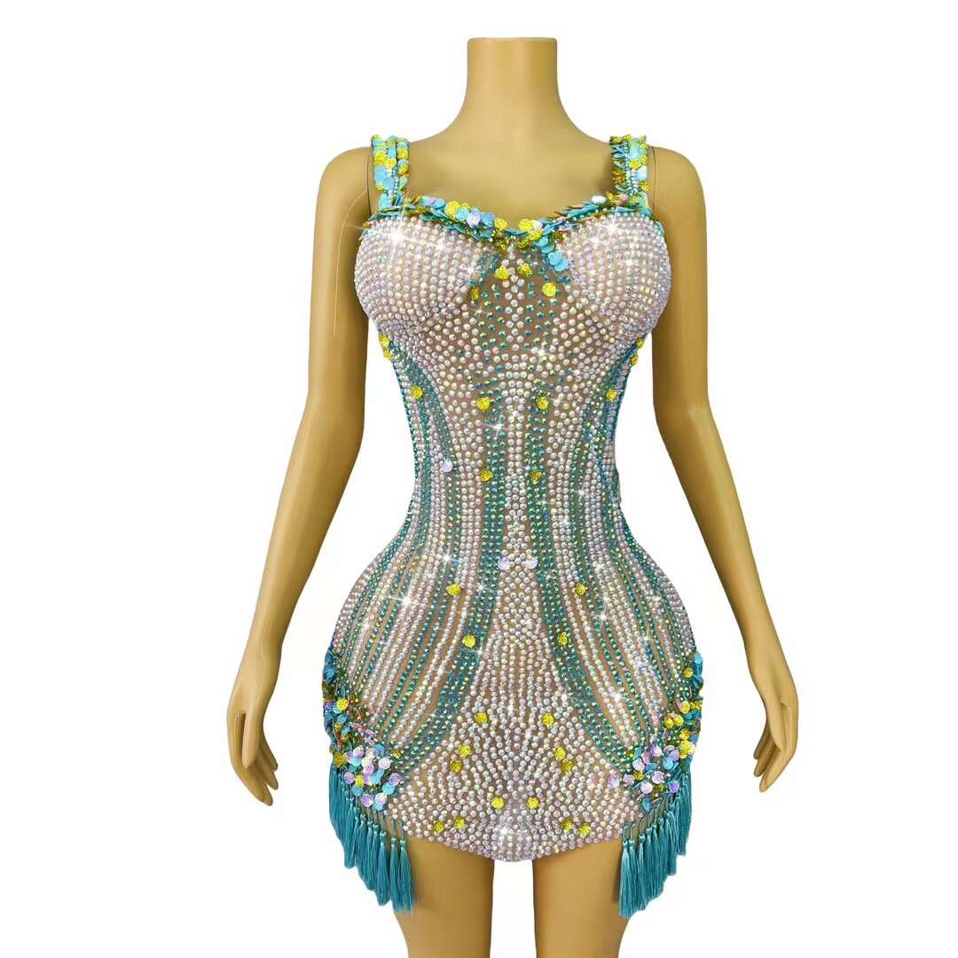 CELESINYI Beikequn Crystal Blue Shell Mini Dress