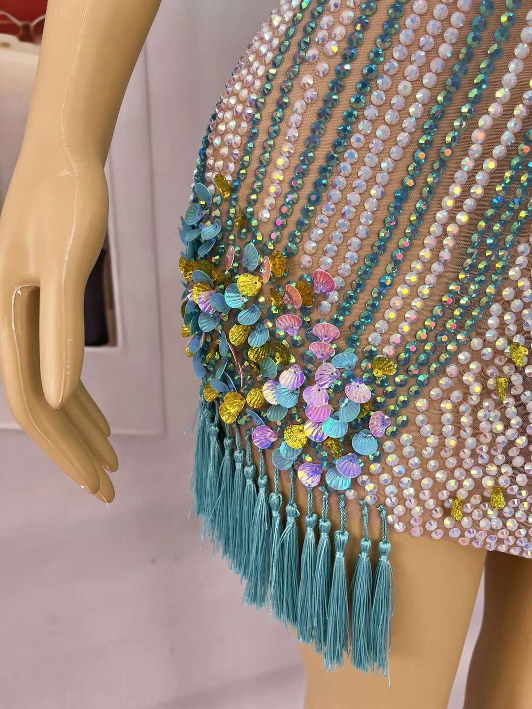 CELESINYI Beikequn Crystal Blue Shell Mini Dress