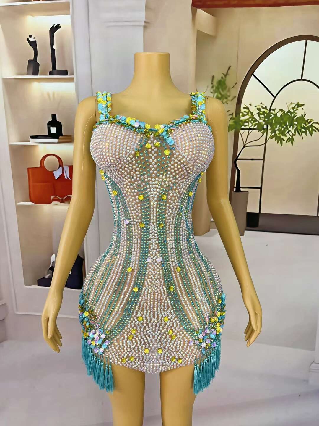 CELESINYI Beikequn Crystal Blue Shell Mini Dress