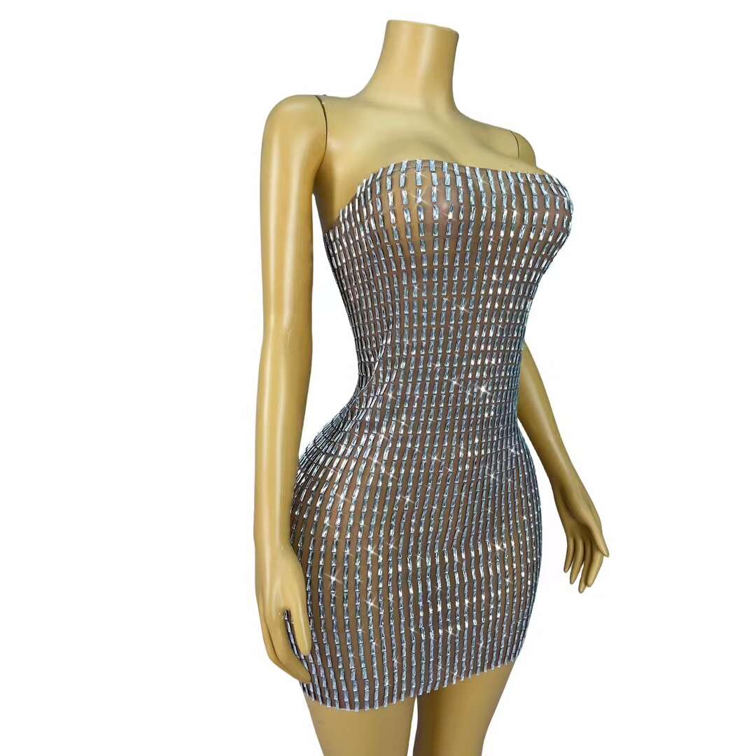 CELESINYI Changtiaomoxiong Crystal Bar Mini Dress