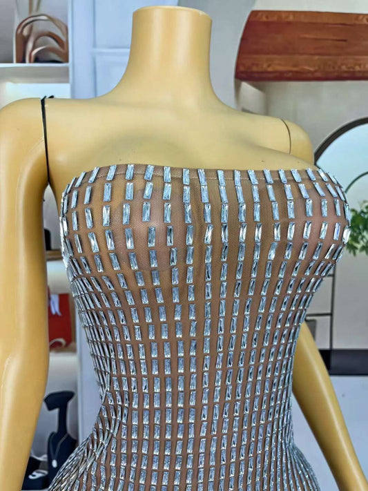 CELESINYI Changtiaomoxiong Crystal Bar Mini Dress