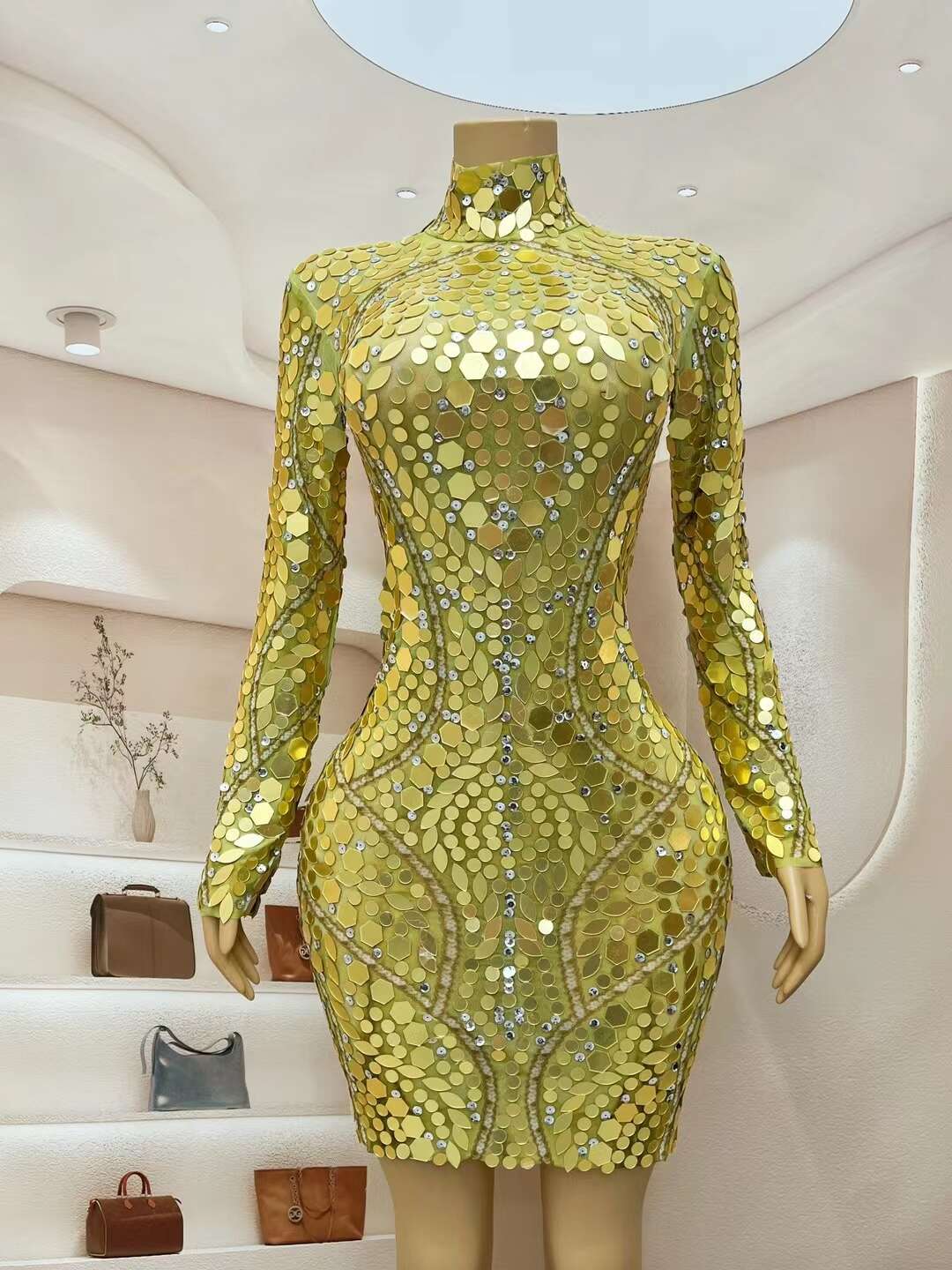 CELESINYI Maiya Crystal Gold Geometry Bodysuit