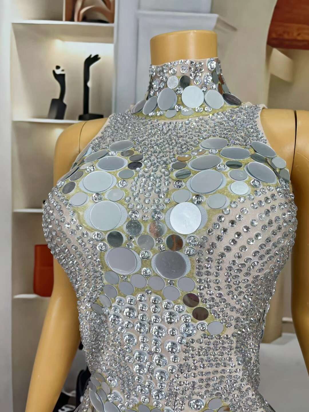 CELESINYI Bodian Crystal Mirror Dot Bodysuit
