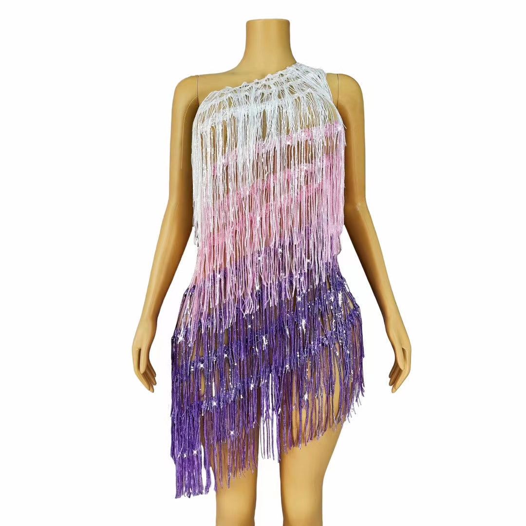 CELESINYI Sanseliusu Crystal Tri Color Fringe Mini Dress