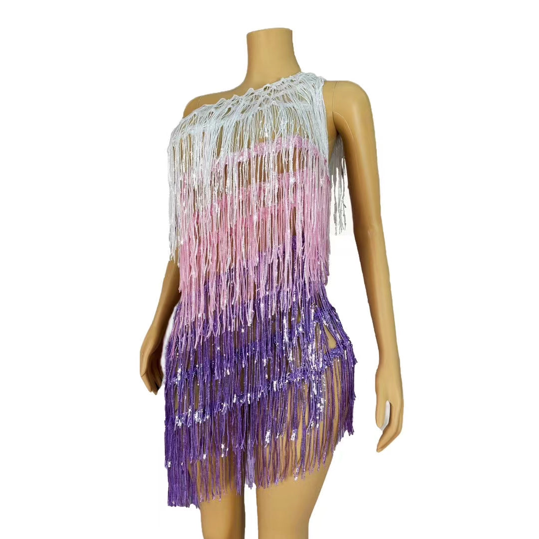 CELESINYI Sanseliusu Crystal Tri Color Fringe Mini Dress