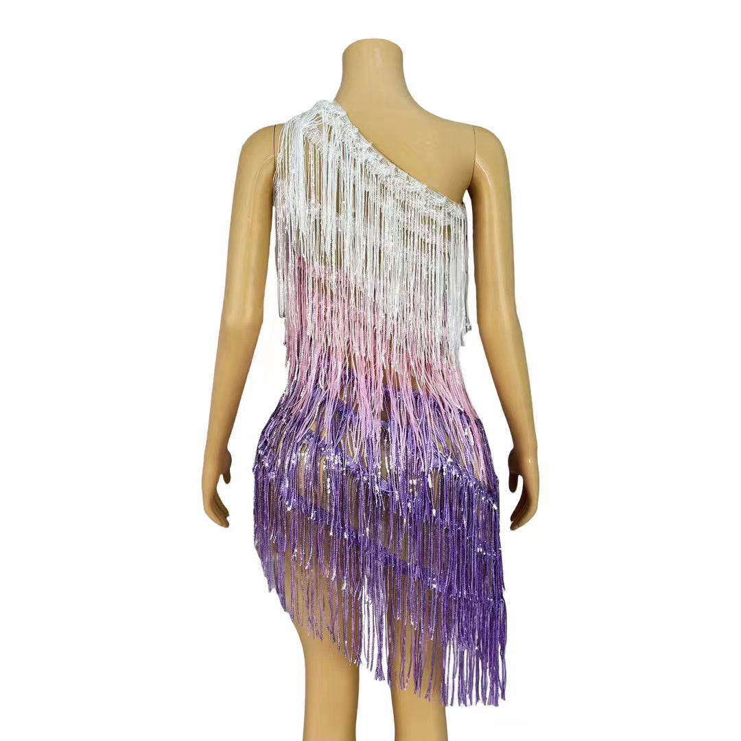 CELESINYI Sanseliusu Crystal Tri Color Fringe Mini Dress
