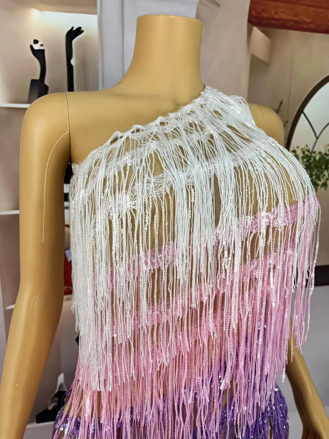 CELESINYI Sanseliusu Crystal Tri Color Fringe Mini Dress
