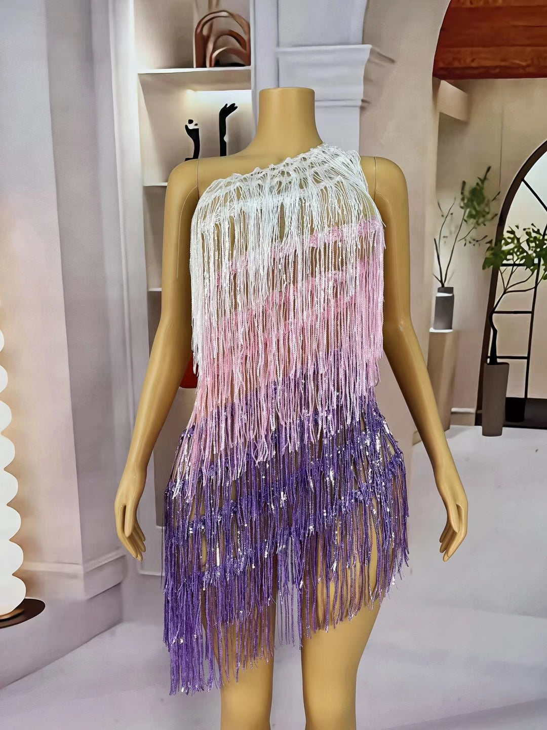 CELESINYI Sanseliusu Crystal Tri Color Fringe Mini Dress