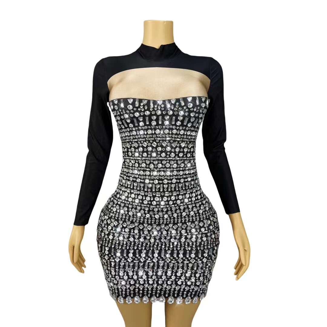 CELESINYI Lengyan Crystal Black Mini Dress