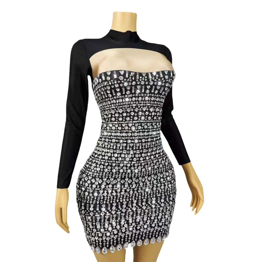 CELESINYI Lengyan Crystal Black Mini Dress
