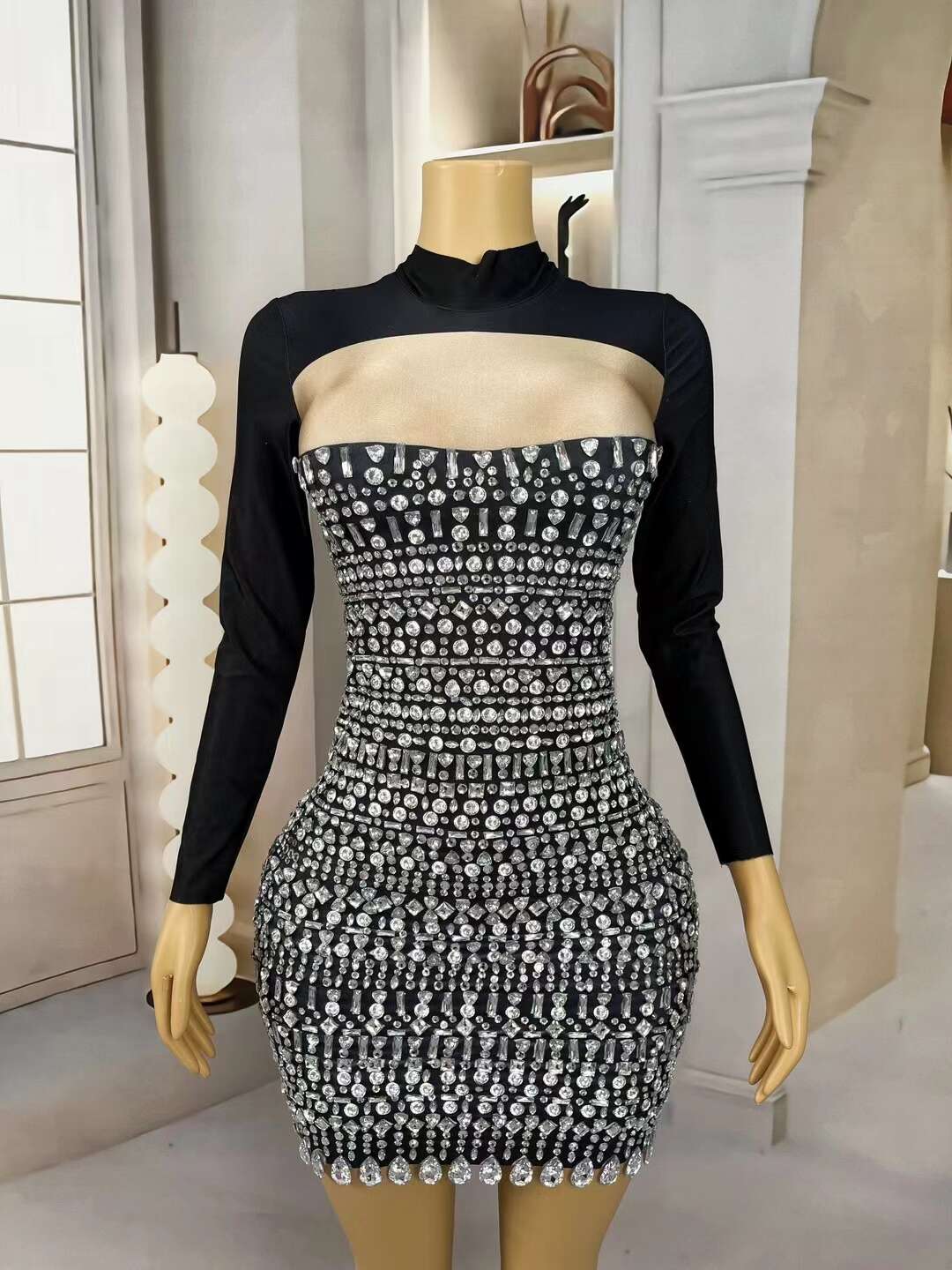 CELESINYI Lengyan Crystal Black Mini Dress