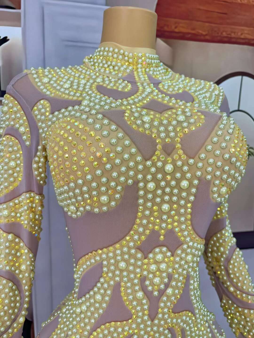 CELESINYI Baizhuhuan Crystal Lemon Pearl Maxi Gown