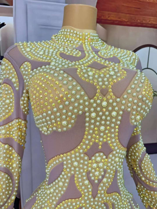 CELESINYI Baizhuhuan Crystal Lemon Pearl Maxi Gown
