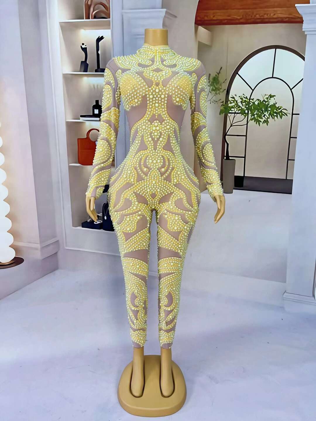 CELESINYI Baizhuhuan Crystal Lemon Pearl Maxi Gown