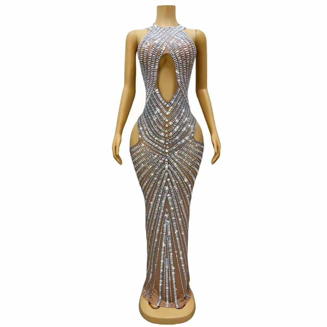 CELESINYI Changliantiao Crystal Silver Chain Bodysuit